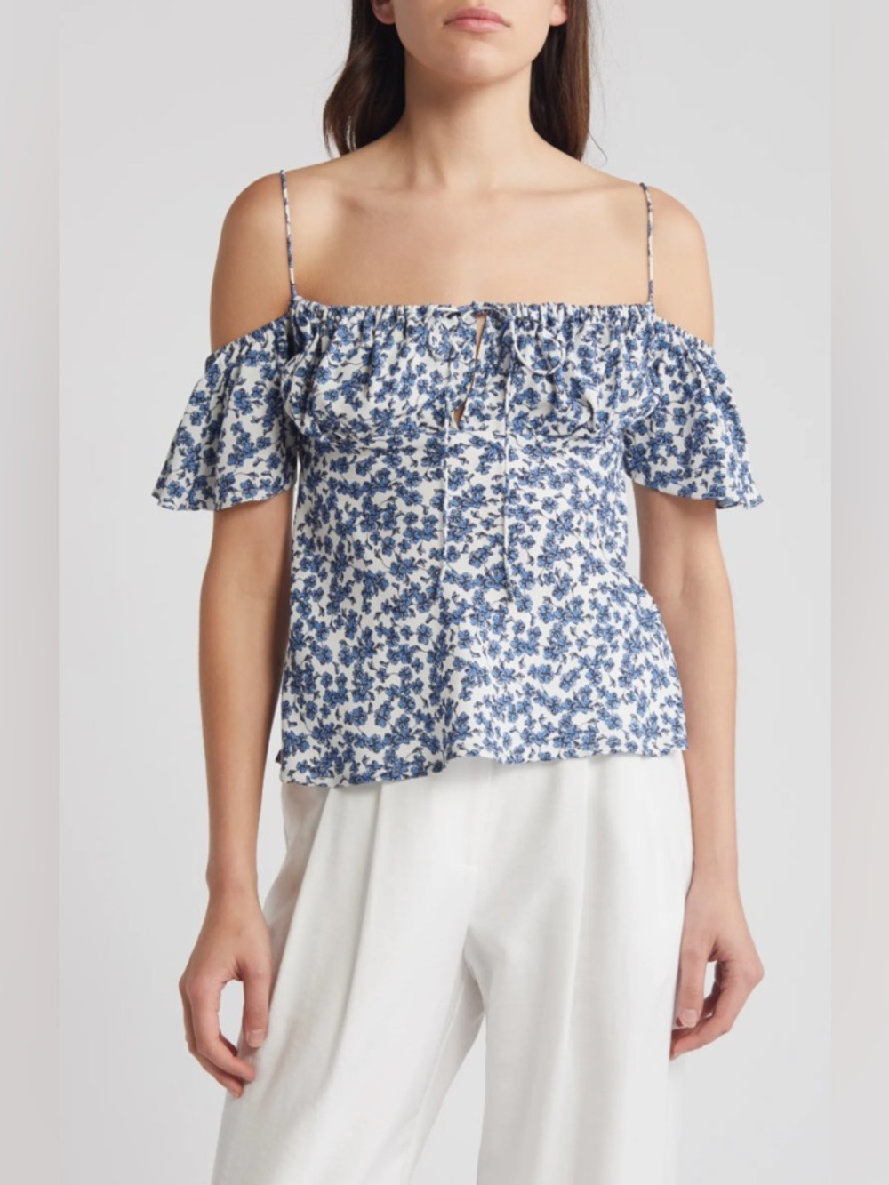 Faithfull the Brand Blue and White Floral Cold-Shoulder Camisole